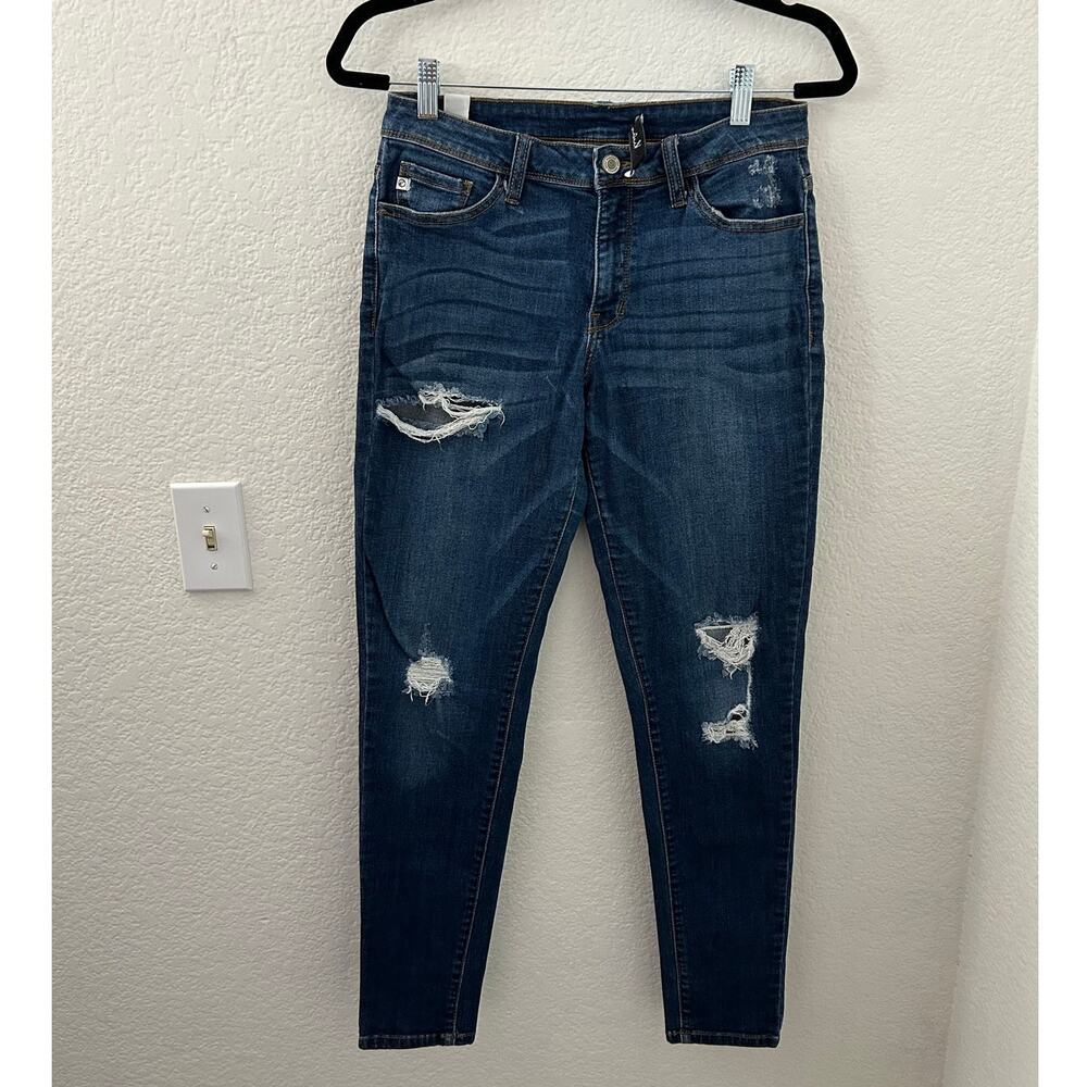 Kancan Dark Wash Mid Rise Stretchy Distressed Skinny Jeans Women Size 27 | 7